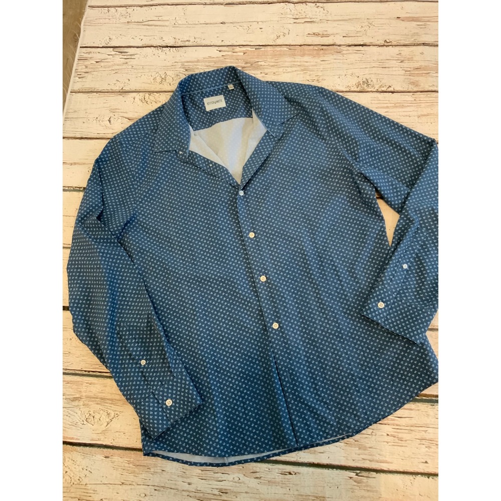 Stitch Note Mens Blue Geometric Floral Print Long Sleeve Button Down Shirt Large